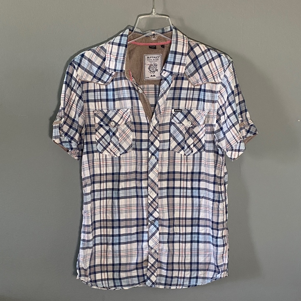 Buffalo David Bitton White and Blue Plaid Short Sleeve Shirt 100% Cotton